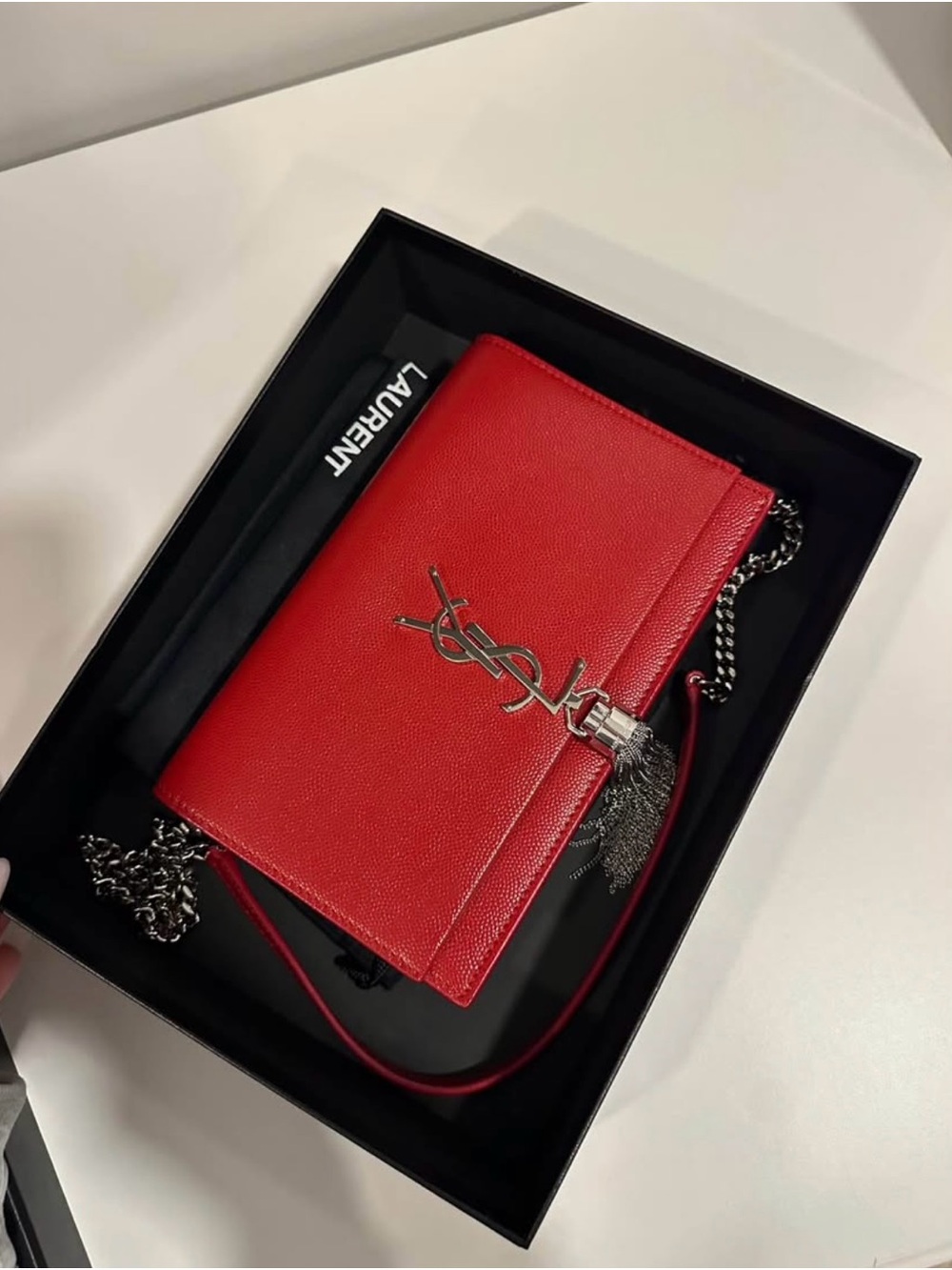 Saint Laurent Red Leather Crossbody with Tassel and Silver YSL Logo
